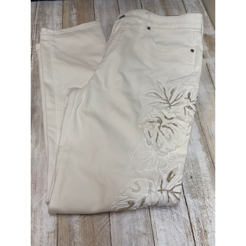 Chicos Leaf‎ Beaded Embroidered Ankle Jeans Alabaster White size 0.5R(U.S 6) NWT